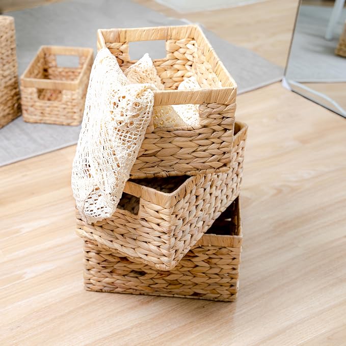 M4DECOR Set of 6 Rectangular Wicker Storage Baskets for Shelves | Water Hyacinth Storage Baskets, Pantry Baskets for Organizing, Handwoven - Image 6