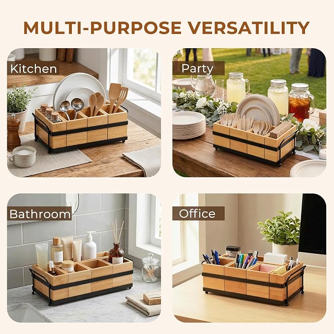 5-in-1 Bamboo Utensil Caddy and Paper Plate Organizer - Wooden Silverware Caddy with Napkin Holder and Portable Handle - Flatware Organizer for Kitchen Countertop, Camper RV, Buffet Party - Image 6