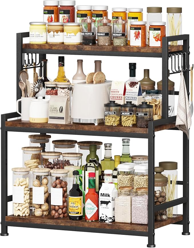 23.6"W Large Kitchen Countertop Organizer,3 Tier Spice Rack Organizer with Adjustable Shelf and 10 Hooks,Wooden Counter Organizer,Space Saving Countertop Shelf Microwave Stand for Kitchen,Coffee Bar by Homeiju