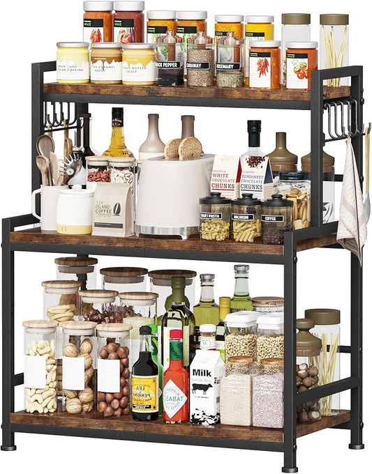 23.6"W Large Kitchen Countertop Organizer,3 Tier Spice Rack Organizer with Adjustable Shelf and 10 Hooks,Wooden Counter Organizer,Space Saving Countertop Shelf Microwave Stand for Kitchen,Coffee Bar by Homeiju