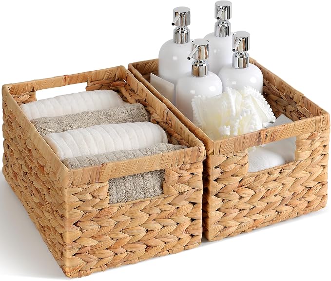 Set of 2 Wicker Shelf Storage Baskets for Organizing - Natural Durable Water Hyacinth Woven Basket Pantry Bin Organizers for Shelves with Handles for Home & Decor Organization, 12.5” x 8” x 6.5” - Image 2