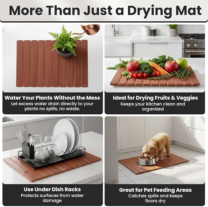 Large Stone Dish Drying Mat For Kitchen Counter | Non-Slip, Super Absorbent Diatomaceous Dish Dry Mat | Rollable Stone Drying Mat For Kitchen Counter, Heat-Resistant, Easy to Clean, Warm Walnut Color - Image 6