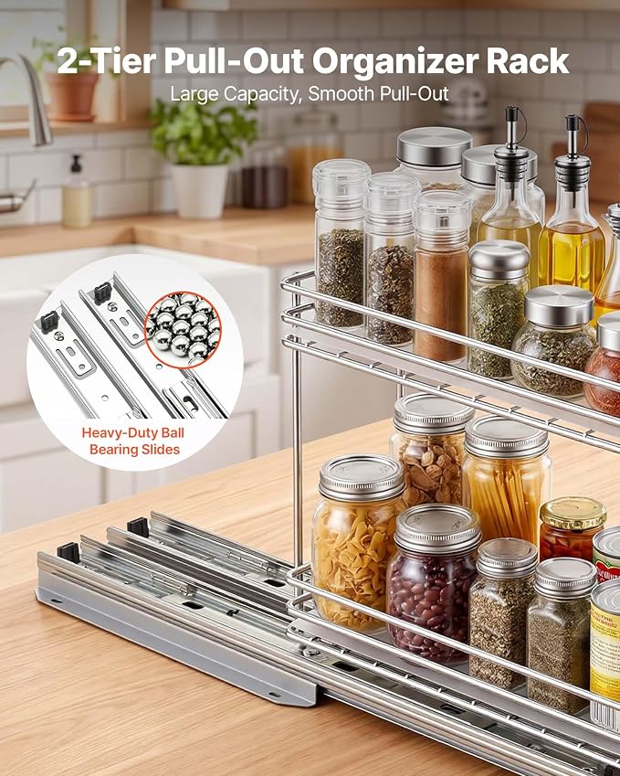 VEVOR Pull Out Spice Rack Organizer for Cabinet, 2 Tier Slide Out Spice Rack Organizer, Heavy Duty Metal Seasoning Kitchen Basket for Inside Cabinets & Pantry Closet, 4.33"W x 8.46"D x 10.43"H, Silver - Image 3