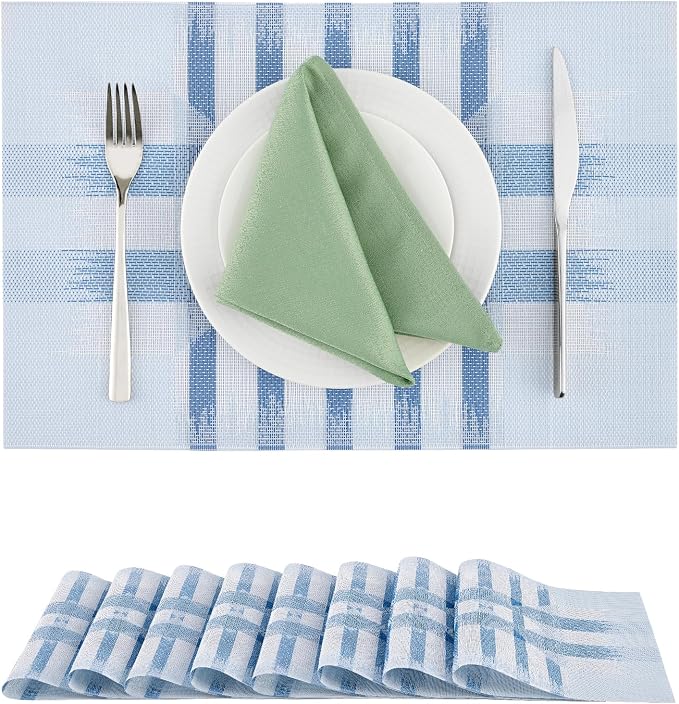 Leetaltree Geometric Print Blue Placemats Set of 8 - Heat Resistant Non-Slip Place mats for Dining Table, Washable Durable PVC Vinyl Woven Table Mats (Geometric Blue, 8) by Leetaltree-ArtatEveryTable