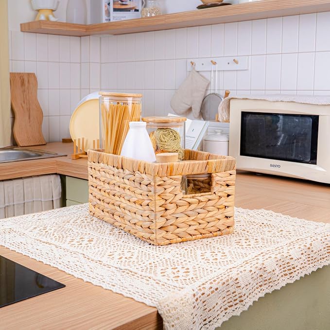 M4DECOR Set of 3 Rectangular Wicker Storage Baskets for Shelves | Water Hyacinth Storage Baskets, Pantry Baskets for Organizing, Handwoven Wicker Baskets for Storage - Image 4