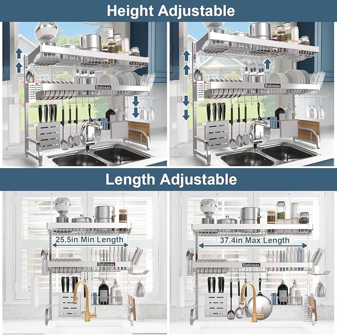 Over The Sink Dish Drying Rack,3 Tier Adjustable Length (25.5'' to 37.4'') Full Stainless Steel Large Storage Kitchen Dish Rack,For Kitchen Counter Expandable Multifunctional Organizers,Silver - Image 4