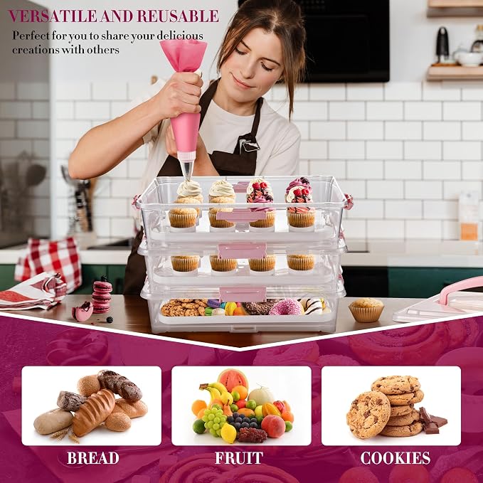 ARC 3-tiers Cupcake Carrier (Pink) - Cupcake Holder and Cake Transport Container that Holds up to 36 Cupcakes or 3 Large Cakes - BPA-Free, Great for Parties & Festivals - Image 5