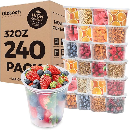 Glotoch Express 32oz Large Food Storage Containers with Lids, BPA-Free Leakproof Plastic Deli Cups, Microwave/Freezer/Dishwasher Safe, 240 Pack by GlotochExpress