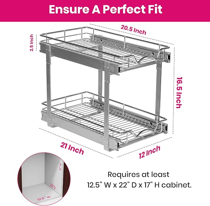 2-Tier Pull-Out Cabinet Organizer for Kitchen, 12" W x 21”D x 16.5" H | Full-Extension Sliding Shelves, Holds 100 lbs, Easy Install for Kitchen, Pantry & Under Sink Cabinets - Image 3
