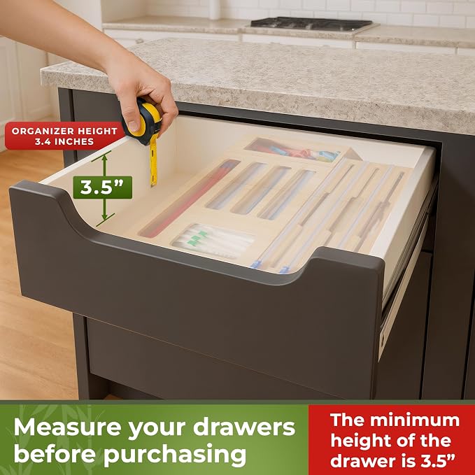 Kitchen Drawer Organizer, 9" 1 Sandwich Storage Bag Organizer & Foil Wrap | Bamboo Storage, Fits Gallon, Quart & Snack Sizes – Wall Mountable, Please Measure Before Ordering - Image 2