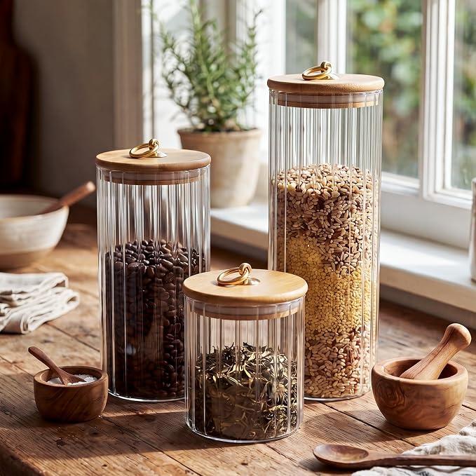 SiliFine 6 Set Glass Pantry Storage Jar with Acacia Airtight Lid 3 Size Glass Storage Container Jar for Pasta Spaghetti Cereal Coffee Bean Flour Sugar Rice, 17oz, 35oz, 53oz (Bamboo Lid with Ring) - Image 4