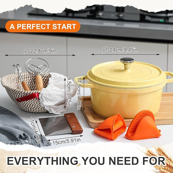 Honeydak 7 Pack Sourdough Bread Baking Supplies Kit Includes Dutch Oven for Bread Baking 5qt Pan Pot, Bread Proofing Basket, Scoring Lame, Dough Whisk - Image 2