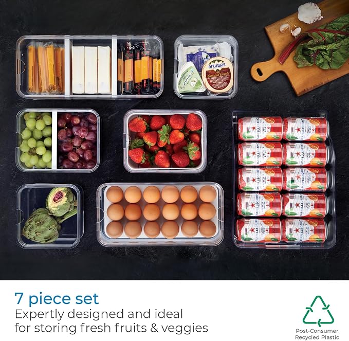 iDesign Crisp 7-Piece Recycled Plastic Refrigerator Organizer Bin Set with Lids, Clear/White - Image 4