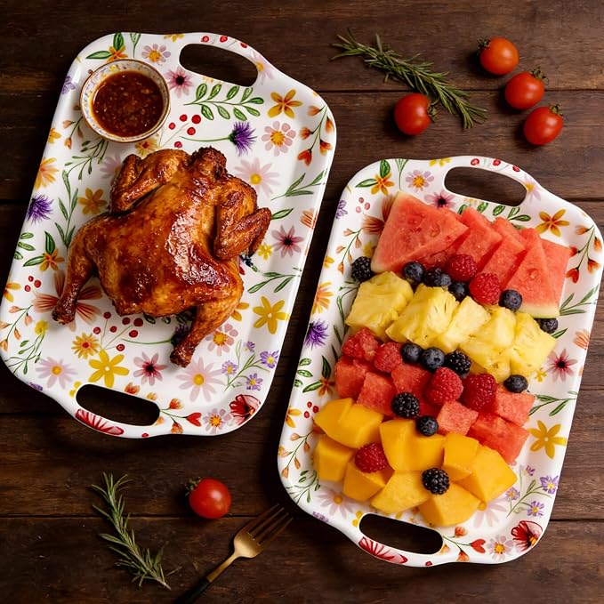 Extra Large Melamine Platters, Serving Tray with Handles for Cookie, Cupcakes, Desserts, Dishwasher Safe, Ottoman Tray Decor, Set of 2, 2 pcs Mats Included (Cottagecore Flower, 21''x14'') - Image 3