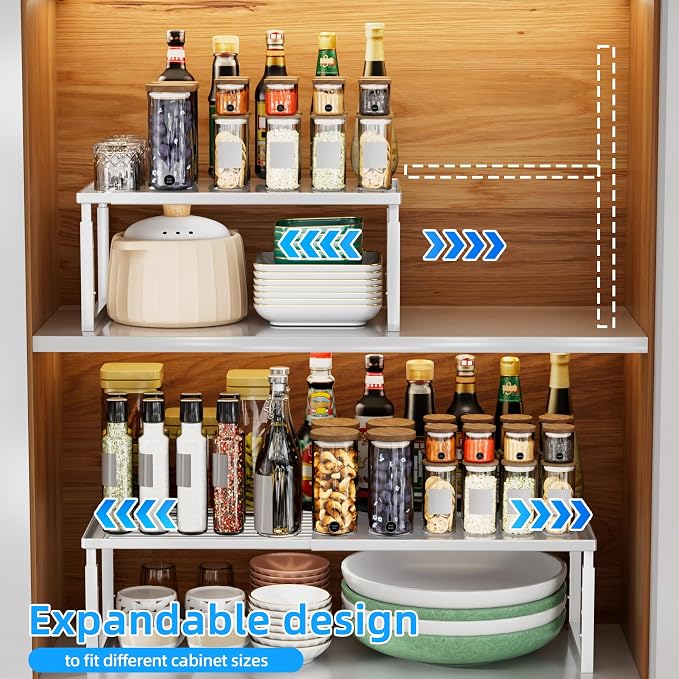 Cabinet Shelf, 1 Pack Stackable Shelf for Kitchen Storage | Expandable & Height Adjustable Cabinet Organizer Shelf | Metal Shelf Organizer | White Spice Rack for Pantry Storage - Image 6