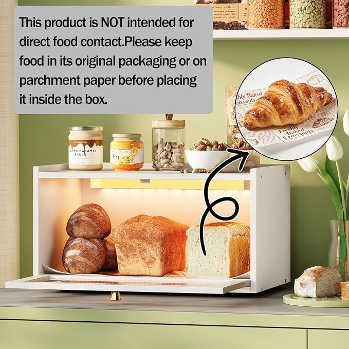 Trironsun Bamboo Bread Box with Led Light for Kitchen Counter Large Capacity Bread Storage Container Kitchen Countertop Organizer with Window Bread Holder (Whiite) - Image 3