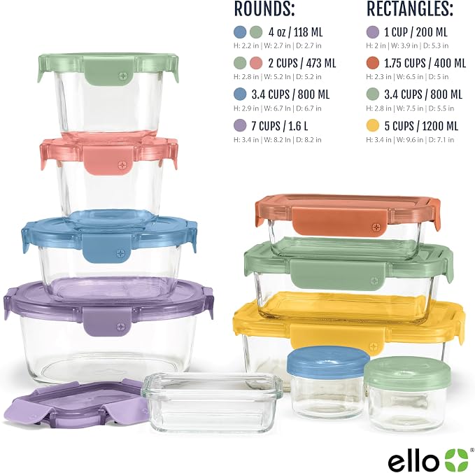 Ello Color Lock Glass Meal Prep Sets Leak-Proof Glass Food Storage Containers with Airtight BPA-Free Plastic Lids, Dishwasher, Microwave, and Freezer Safe - Image 5