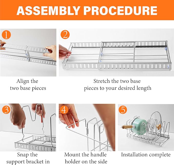 Expandable Pot and Pan Organizers Rack,304 Stainless Steel Pots Lid Organizer Rack Holder for Cabinet, Kitchen Cabinet Pantry Bakeware Organizer Rack Holder with 8 Adjustable Compartments - Image 3