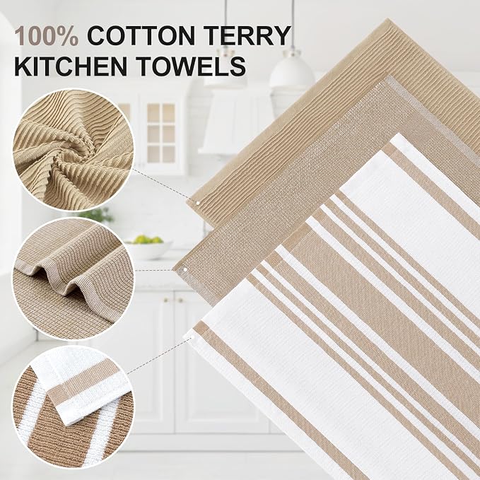 Homaxy Cotton 380 GSM Premium Kitchen Towels, 18"x 28", 3 Pack, Khaki | Soft and Absorbent Terry Dish Towels, Multipurpose Tea Towel Set with Hanging Loop, 3 Styles Kitchen Hand Towels - Image 2