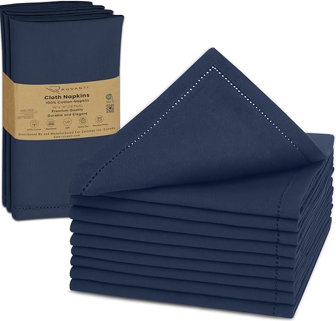 Ruvanti Cloth Napkins Set of 12, 100% Cotton High GSM 18x18 Inches, Hem Stitched Corners, Soft, Washable, Durable & Absorbent, Perfect for Parties, Christmas, Thanksgiving Dinners – Pageant Blue by Ruvanti