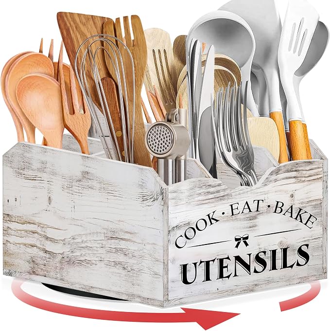 Extra-Large Kitchen Utensil Holder for Countertop-360° Rotating Base | 6-Compartments Cooking Utensil Organizer, Removable Divider, Wooden Utensil Organizer for Countertop, Farmhouse Kitchen Decor by BEWBOW
