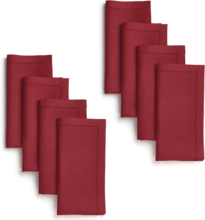 Signature Linen™ by D'Moksha Red Dinner Napkins Set of 8, 20 x 20 Inch Cloth Napkins, 100% Pure Linen, Hemstitch, Machine Washable Table Napkins- Summer, Weddings, Outdoor hostings by DMokshaHomes