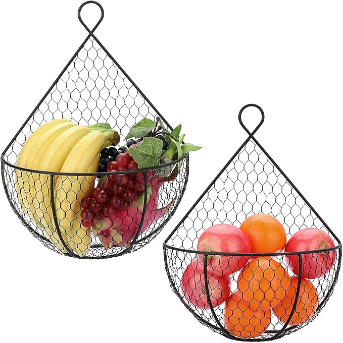 BSTKEY Set of 2,Wall-Mounted Hanging Metal Fruit Vegetable Baskets Hanging Produce Bins for Flowers, Decorations,Veggies,Decorations and More, Black by BSTKEY