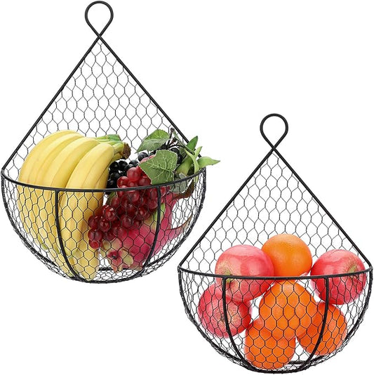BSTKEY Set of 2,Wall-Mounted Hanging Metal Fruit Vegetable Baskets Hanging Produce Bins for Flowers, Decorations,Veggies,Decorations and More, Black by BSTKEY