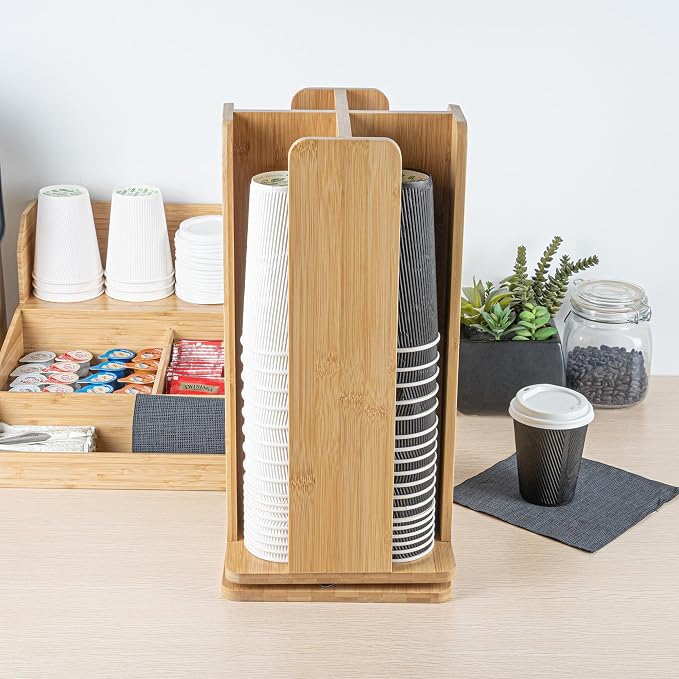 Restaurantware Restpresso 9 x 18 Inch Coffee Cup and Lid Organizer 1 Revolving Cup and Lid Holder - 4 Section Countertop Natural Bamboo Cup and Lid Dispenser For Restaurants Homes or Offices - Image 7