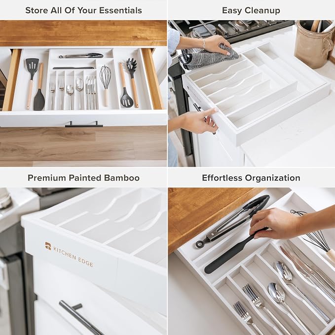 Silverware & Utensil Drawer Organizer, 16-28 in, White Bamboo | Cutlery, flatware, food-safe contract grade, kitchen drawer fit - Image 3
