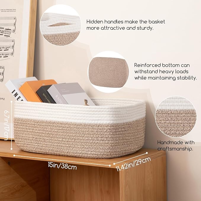 OIASKET Storage Baskets for Organizing 3 Pack, Woven Baskets for Shelves, | Closet Organizer Bins with Handle, Empty Gift Basket, Toy Storage for Toys, Blankets, Towels, Clothes, Books, 15"x11.42"x6.7" - Image 2