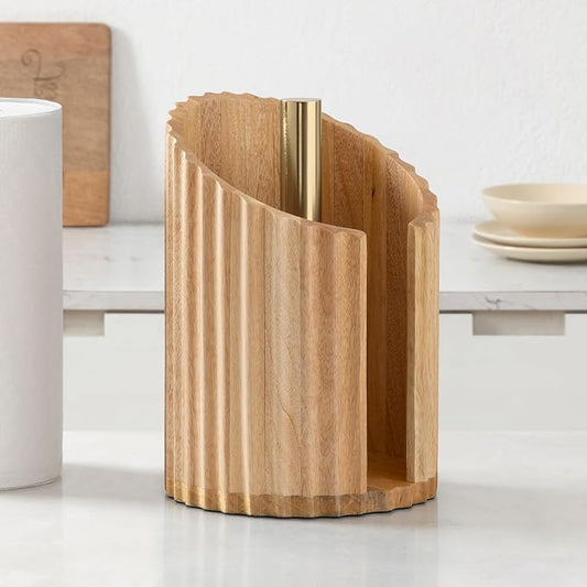 Anji Mountain Wooden Paper Towel Holder with Metal Holder, Holder Stand for Kitchen Roll Organizer & Kitchen Dining Table Home Décor, Countertop Fits Jumbo & Mega Rolls - Mango/Gold, Fluted by AnjiMountain