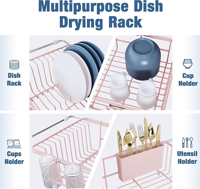 JASIWAY Pink Dish Drying Rack in Sink, Dish Drainer with Utensil Holder | Over The Sink Expandable Stainless Steel Strainer Dryer Rack for Small Kitchen, Counter Space Saving, Fast Drain, Rustproof - Image 6