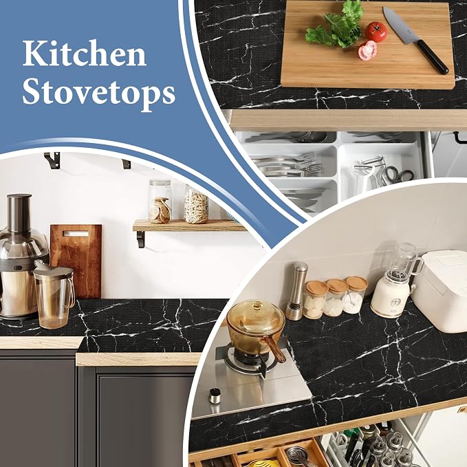 Drawer and Shelf Liner for Kitchen Cabinet: 17 in X 30 Ft Non Slip | Waterproof Shelf Paper Non Adhesive Refrigerator Liners Black Marble Easy Liners for Bathroom with Knife Tape Measure - Image 6