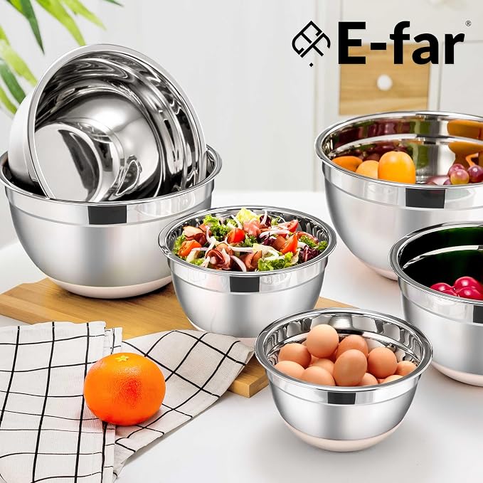 E-far Stainless Steel Mixing Bowls with Lids Set, 5-Piece Nesting Salad Bowls with 3 Grater Attachments and Non-Slip Bottoms, Size 4.6, 2.6, 2, 1.5, 1QT for Kitchen (Khaki) - Image 8