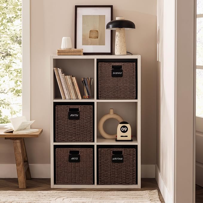 UBBCARE 2 Pack Wicker Basket, 13×13 Storage Cubes with Label, Foldable Cube Storage Bin with Handle, Square Storage Basket for Shelves, Woven Paper Rope Basket for Organizing, Brown - Image 5