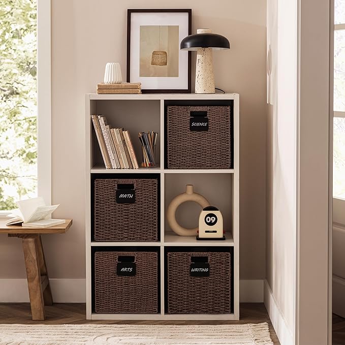 UBBCARE 2 Pack Wicker Basket, 10.5×10.5 Storage Cubes with Label, Foldable Cube Storage Bin with Handle, Square Storage Basket for Shelves, Woven Paper Rope Basket for Organizing, Brown - Image 5
