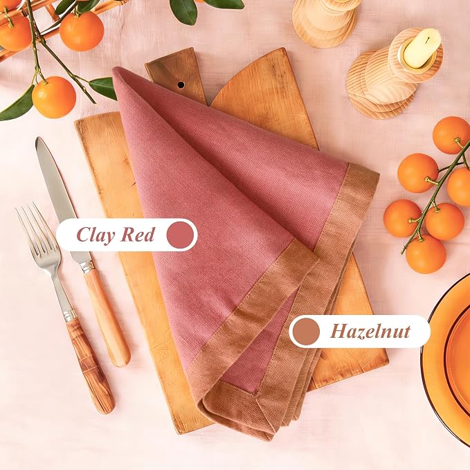 Linen World 100% French Linen Napkins Set of 4,20 x 20 Inch Double Layer Cloth Napkins,Washable Heavyweight for Holiday Dining Kitchen Decor,Clay Red with Hazelnut Contrast Border - Image 2
