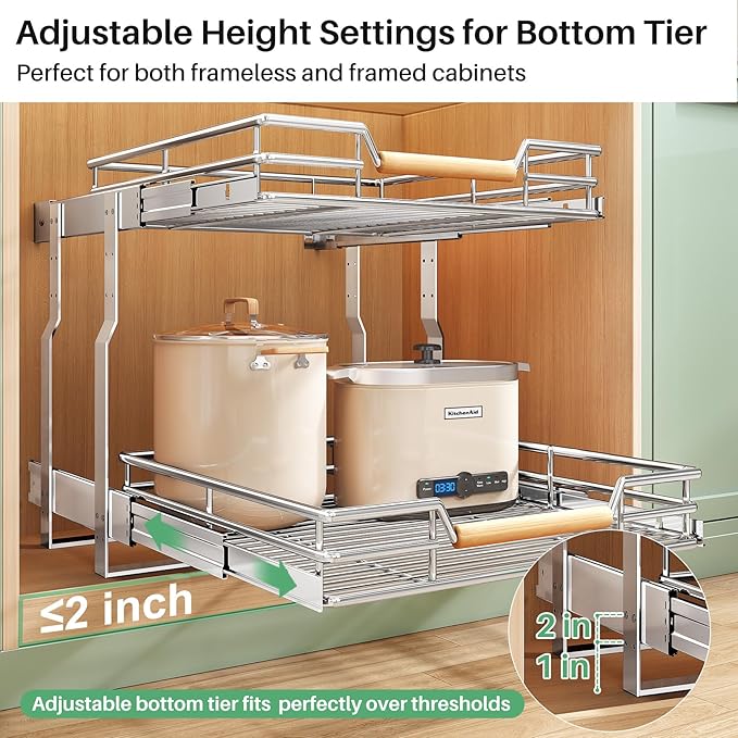 Pull out Cabinet Organizer, 2 Tiers 23"W X 21"D, Heavy Duty Smooth Sliding Under Cabinet Shelves for Pots and Pans, Full-Extension Roll out Drawers, Slide out Organization for Home Kitchen Pantry - Image 5