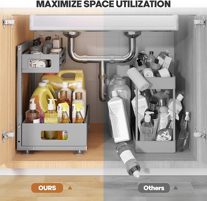 2 Pack Under Sink Organizer,Pull Out Cabinet Organizer With Smooth Cylindrical Rail,Metal Slide Out Drawer for Kitchen Bathroom Laundry Cabinet,8-Level Tool Free Height Adjustable-Gun Gray - Image 6