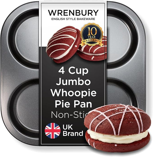Wrenbury Jumbo Whoopie Pie Pan 4 Cup - Large Muffin Top Pan Heavy Gauge Shallow Carbon Steel Baking Tray for Burger Buns Yorkshire Pudding Cornbread - PFOA Free Nonstick by Wrenbury