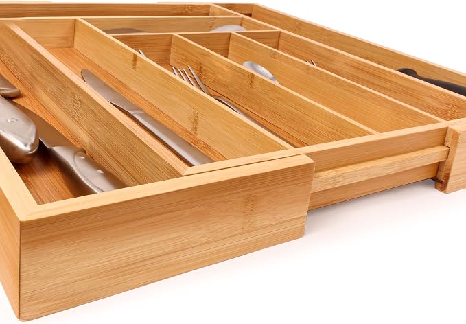 BergHOFF Bamboo 8-Slot Expandable Flatware Organizer, Expand between 12.75" to 18.5 | Durable Wood Drawer Divider For Flatware Storage, Adjustable Kitchen Silverware & Cutlery Tray, Fits 12.75" To 18.5" Drawers - Image 6