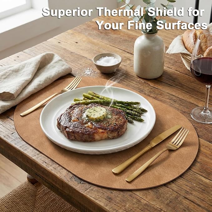 Oval Placemats 2mm Ultra Thick Faux Leather Table Mats, Heat Resistant Waterproof Wipeable Dining Mats for Kitchen Table, Set of 6, Soft Apricot - Image 2