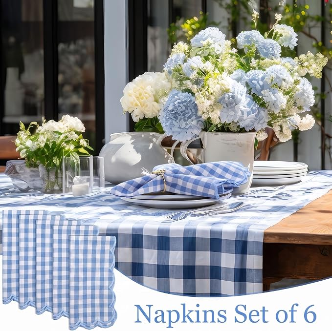 SmoothNovelty 6 Pack Buffalo Plaid Cloth Napkins 18x18 Inch Checkered Cloth Napkins Scalloped Soft Cotton Table Mat Washable Reusable for Dinner Wedding Holiday Birthday Parties (Classic,Sky Blue) - Image 7