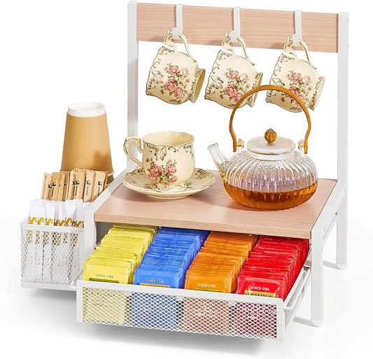 DGWJSU Tea Bag Organizer, Wood Tea Organizer and Storage Cheast, Tea Bag Holder with Storage Drawer, 4 Hooks for Tea Cups Holder, Tea Station Chest Display Container Box for Countertop Kitchen (White) by DGWJSU