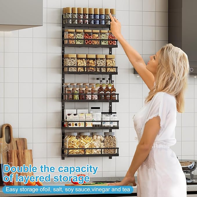 X-cosrack 6-Tier Wall-Mounted Spice Rack Organizer with Mixed Basket Sizes, Height-Adjustable Hanging Spice Shelf for Kitchen Pantry Cabinet, Large-Capacity Seasoning Holder, Black - Image 4