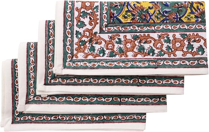 20x20 Inches Cotton Napkins Set of 4, Yellow Green, Washable Hand Block Printed Reusable Cloth Napkins for Dinning, Party, Wedding, Home Decor Fall by HomeSpunCrafts