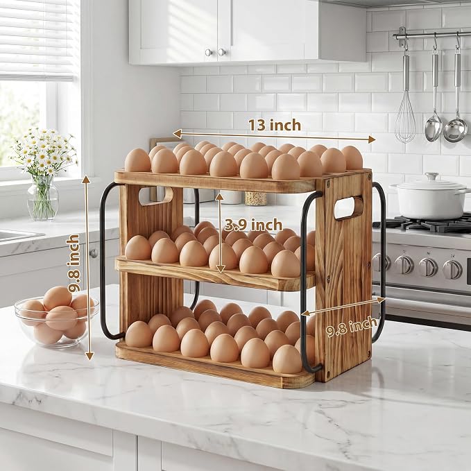 Wooden Egg Holder Countertop for Fresh Eggs with Handle | 3 layer, fresh egg holder countertop, stackable with 90 eggs for countertop to store chicken/duck/hand painted/easter egg - Image 4