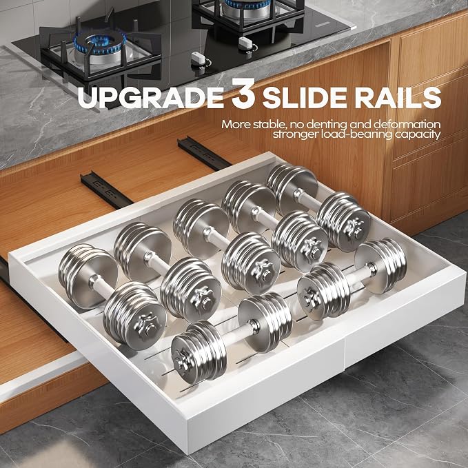 Seinloes 4 Pack Expandable Width (15.15"-26.3") Pull Out Cabinet Organizer 21" Deep with Raising Pad for Framed Cabinets, Upgrade 3 Slide Rails Slide Out Drawers, Roll Out Shelves Adhesive, White - Image 5