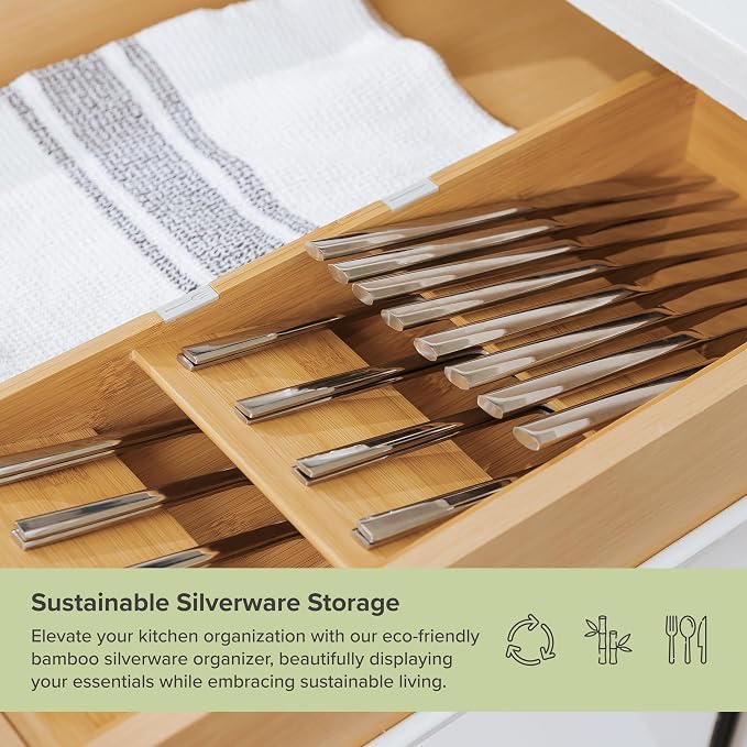 Slanted Cutlery & Flatware Organizer, Bamboo | 3-compartment slanted design, labeled slots, non-slip feet, sustainable bamboo - Image 5